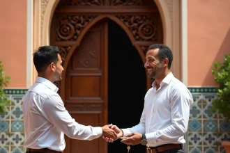 Agent immobilier remettant les clés d'un riad traditionnel à Marrakech à un couple d'acheteurs devant une porte en bois sculpté avec zellige