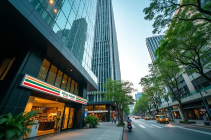 Tour de condominiums moderne dans le quartier Sukhumvit à Bangkok, vue depuis la rue avec piétons et taxis en premier plan