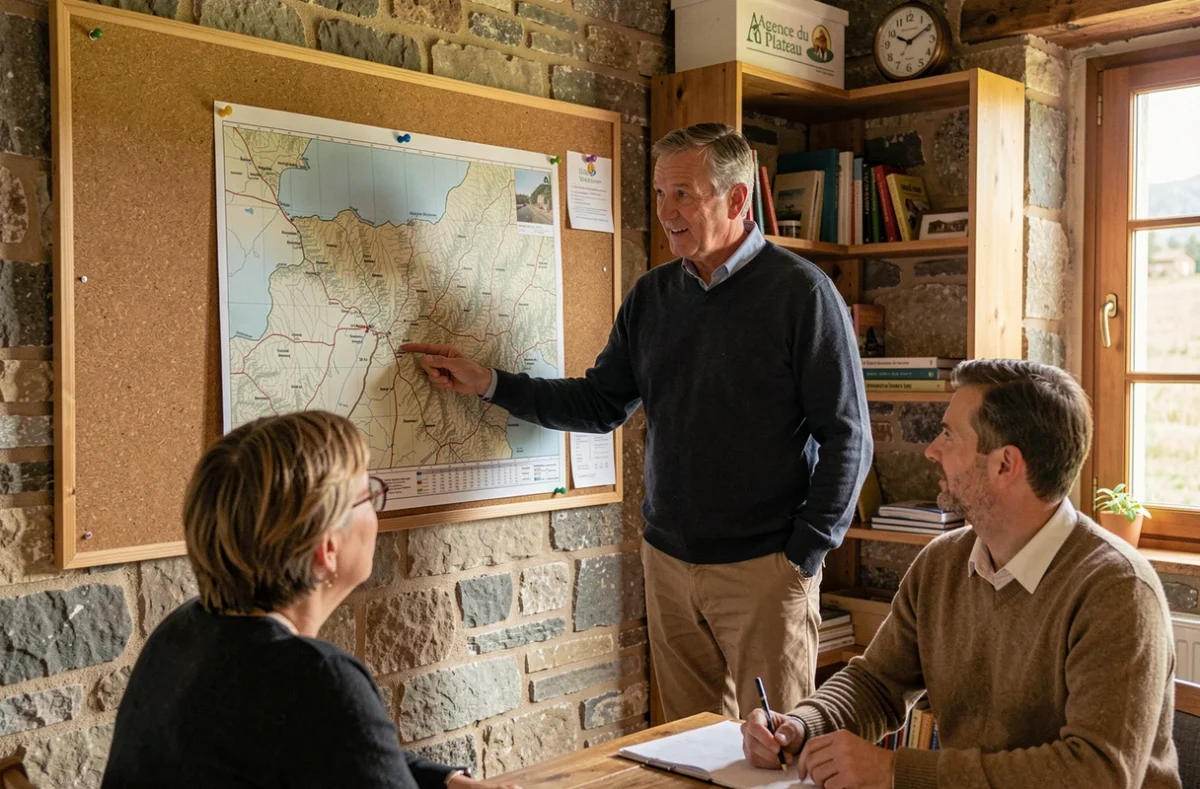 Agent de l'Agence du Plateau montrant une carte topographique à des clients dans un bureau chaleureux en Haute-Loire