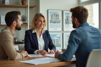 Conseillère de l'agence Dumoulin 87 accompagnant un couple de locataires lors de la signature d'un contrat de location à Limoges