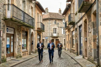 Vue panoramique d'une rue commerçante en Haute-Loire avec des agences immobilières et des bâtiments en pierre traditionnels