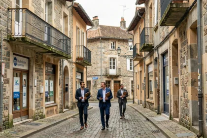 Vue panoramique d'une rue commerçante en Haute-Loire avec des agences immobilières et des bâtiments en pierre traditionnels