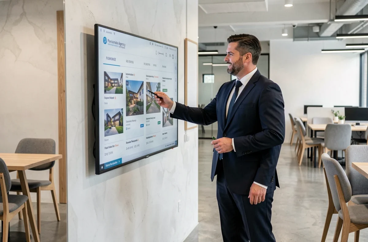 Deux agents immobiliers professionnels d'Agences Privées consultant des annonces sur un écran tactile dans un bureau moderne