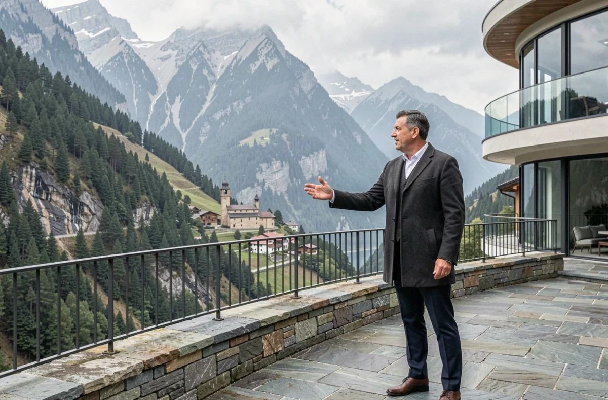 Agent immobilier présentant une propriété avec vue sur une vallée de montagne en Andorre