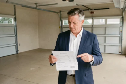 Agent immobilier tenant une estimation de prix dans un garage résidentiel moderne