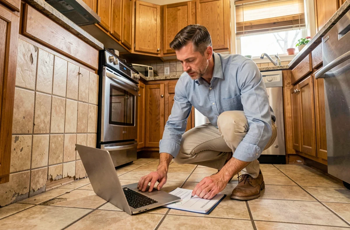 Agent immobilier complétant un état des lieux numérique sur ordinateur portable dans une cuisine