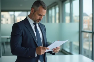 Agent immobilier examinant des documents d'investissement locatif dans une agence moderne en France