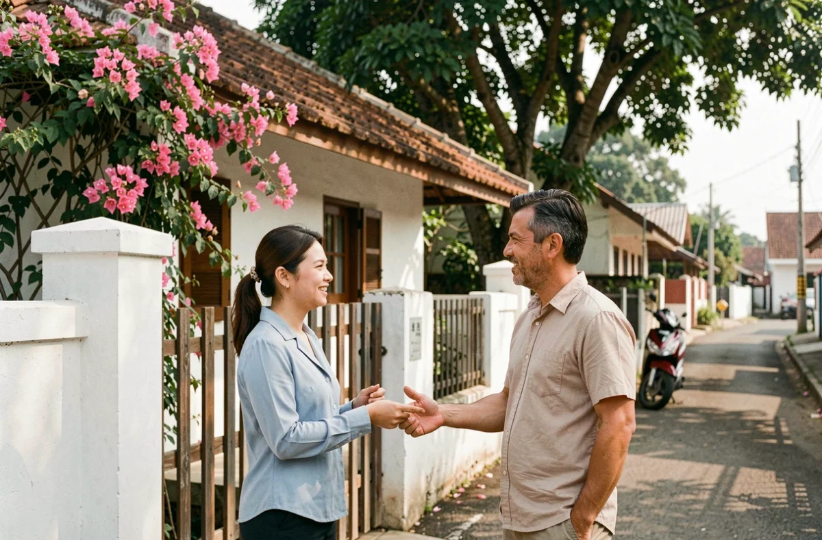 Agent immobilier thaïlandaise présentant une maison abordable à un acheteur expatrié français en Thaïlande
