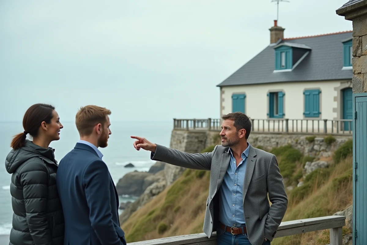 Agent immobilier présentant une maison de pêcheur en bord de falaise normande à un couple d'acheteurs
