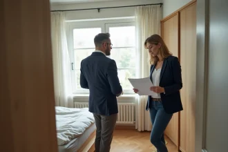 Agent immobilière mesurant la surface d'une chambre de petite taille avec un mètre ruban, montrant le plan au sol à un acheteur potentiel