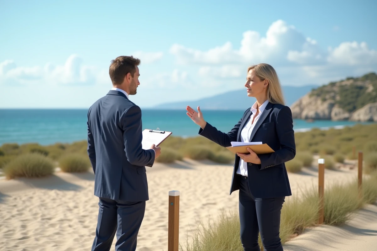 Agent immobilier présentant une parcelle PRL vide face à la mer