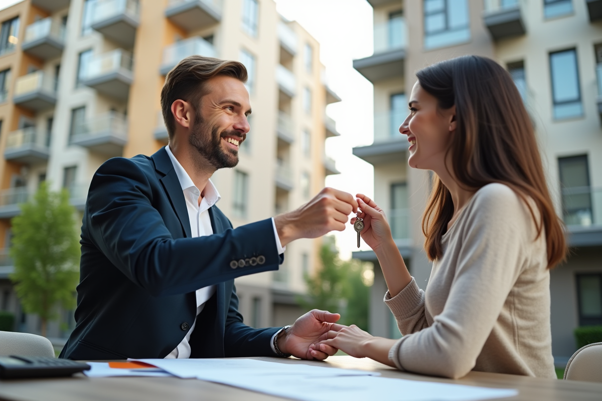 Agent immobilier souriant remettant des clés à un jeune couple devant un immeuble