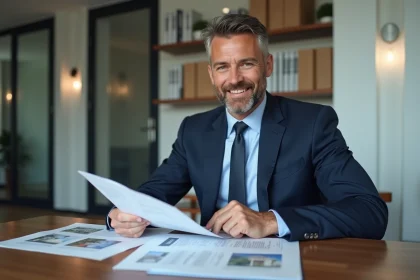 Agent immobilier en costume bleu dans un bureau professionnel