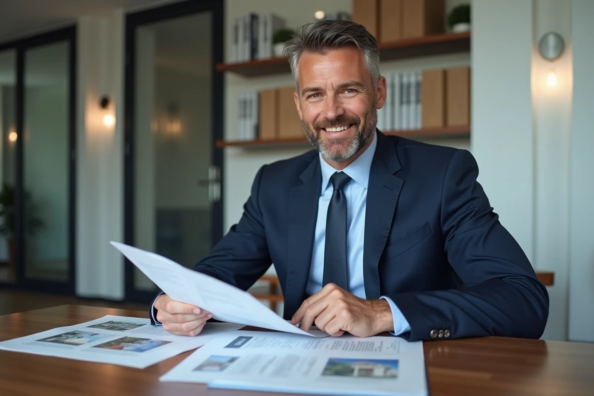Agent immobilier en costume bleu dans un bureau professionnel