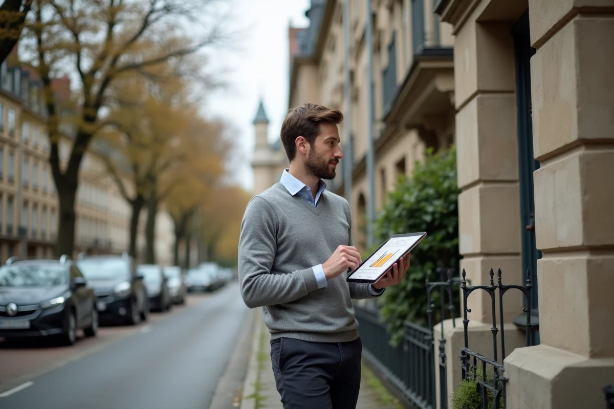 Agent immobilier consultant une application de gestion immobilière sur tablette devant un immeuble résidentiel en ville