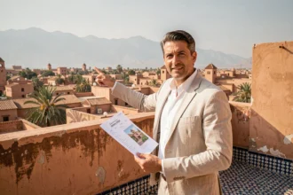 Agent immobilier marocain sur une terrasse avec vue sur la médina de Marrakech, tenant un document de prix au m²
