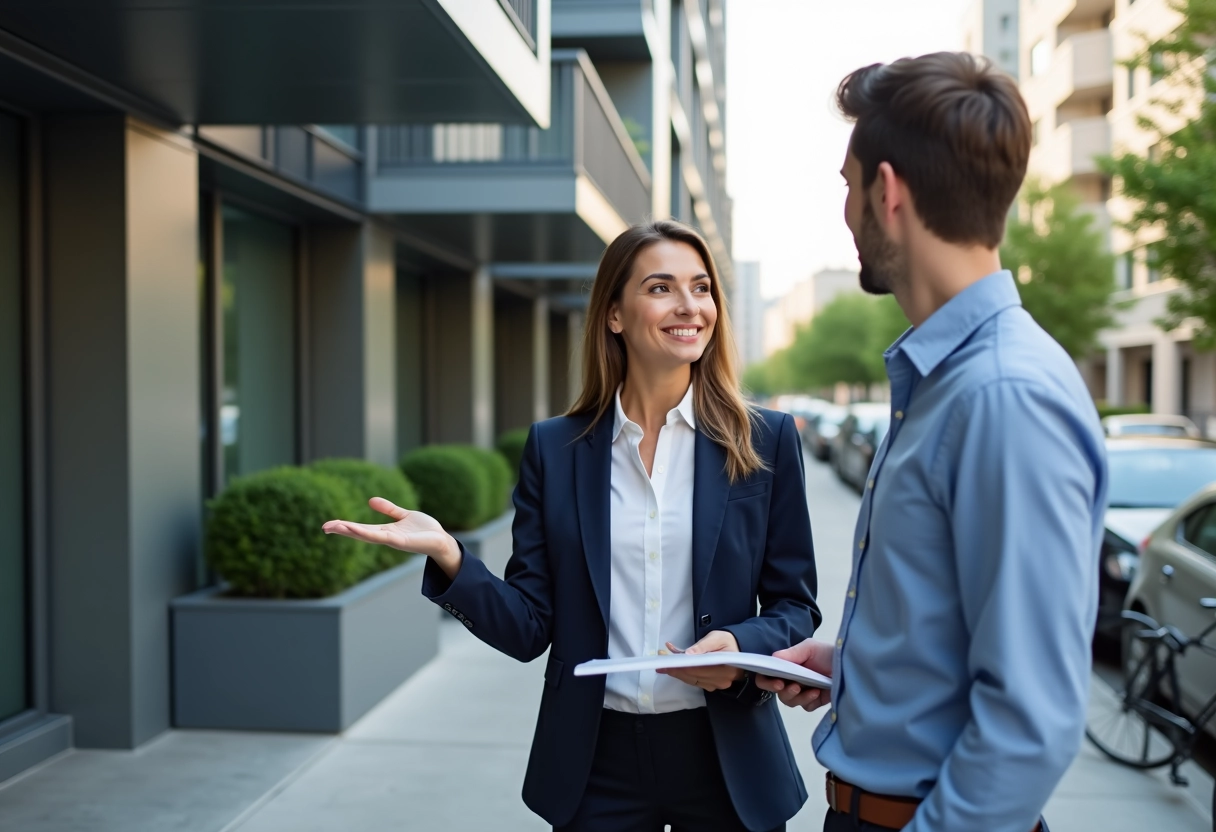 Agent immobilier confiante montrant un immeuble en ville