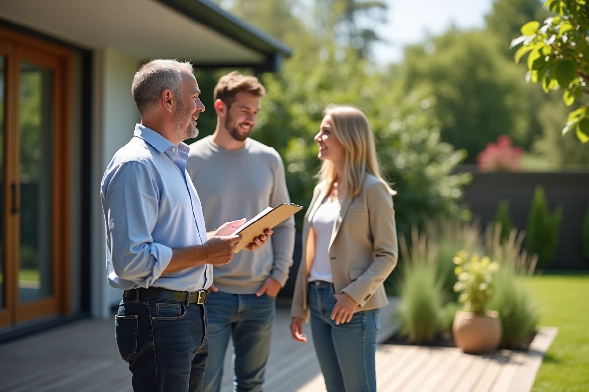 Agent immobilier discutant avec un couple sur une terrasse