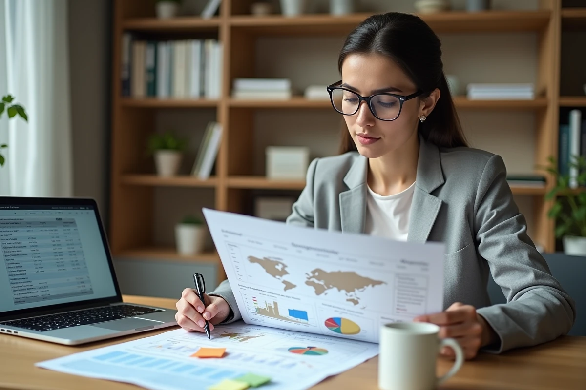 Femme analysant un devis géotechnique et un rapport d'étude de sol dans un bureau à domicile