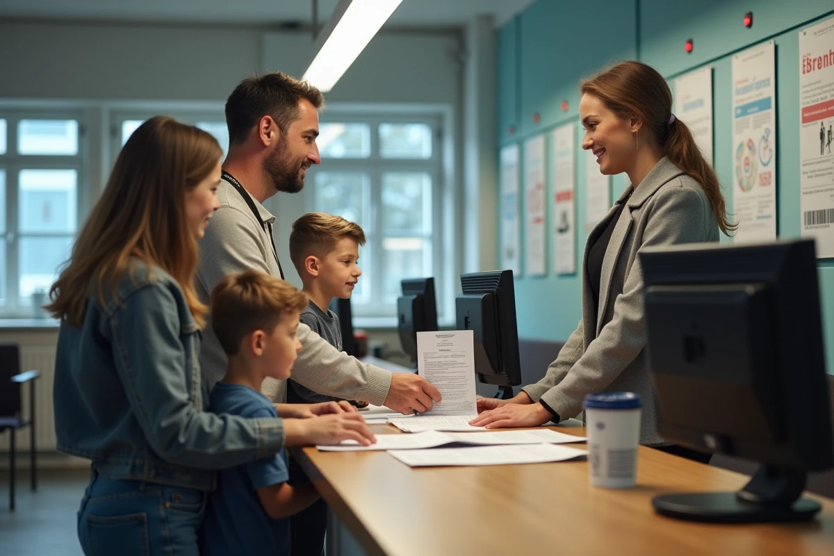 Famille effectuant l'Anmeldung au Bürgeramt de Berlin, remettant le formulaire d'enregistrement administratif obligatoire