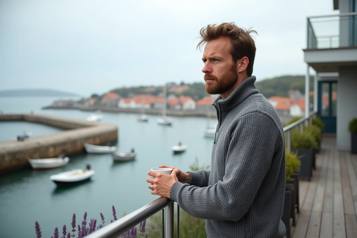 Homme sur balcon d'appartement moderne avec vue sur le port de Concarneau