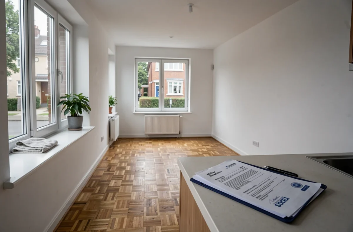 Appartement vide avec documents d'assurance sur le comptoir illustrant la protection du logement locatif
