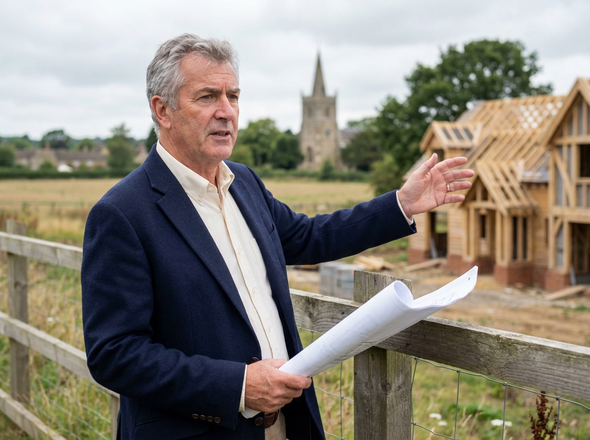 Architecte montrant des plans devant des maisons en construction