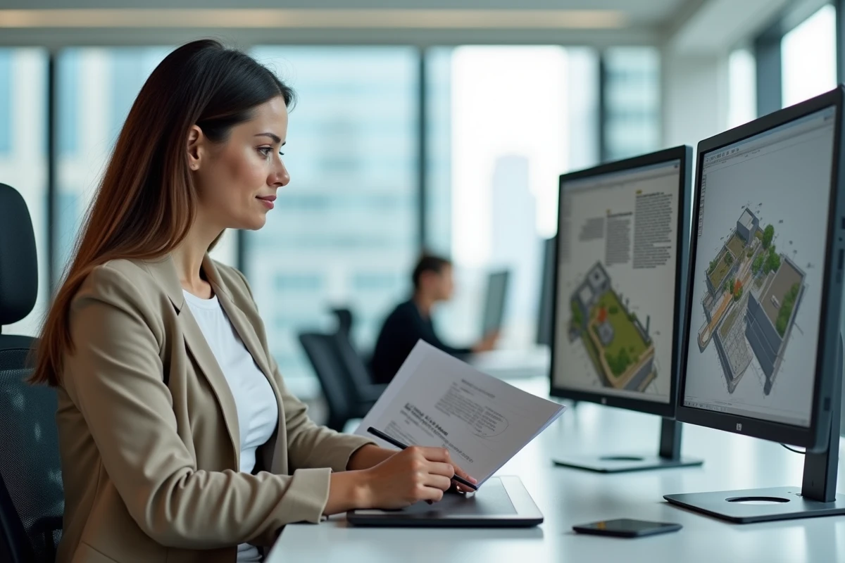 Architecte féminine analysant un plan de coupe terrain conforme au PLU sur logiciel CAD dans un bureau moderne