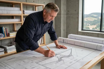 Architecte examinant un plan en coupe de terrain en pente complexe sur une table à dessin en studio