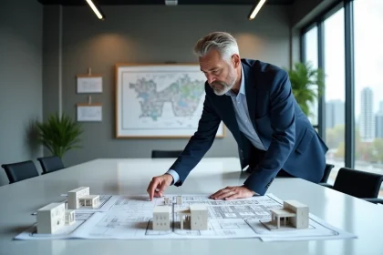 Architecte d'entreprise analysant des plans de logements dans une salle de réunion moderne avec maquettes immobilières