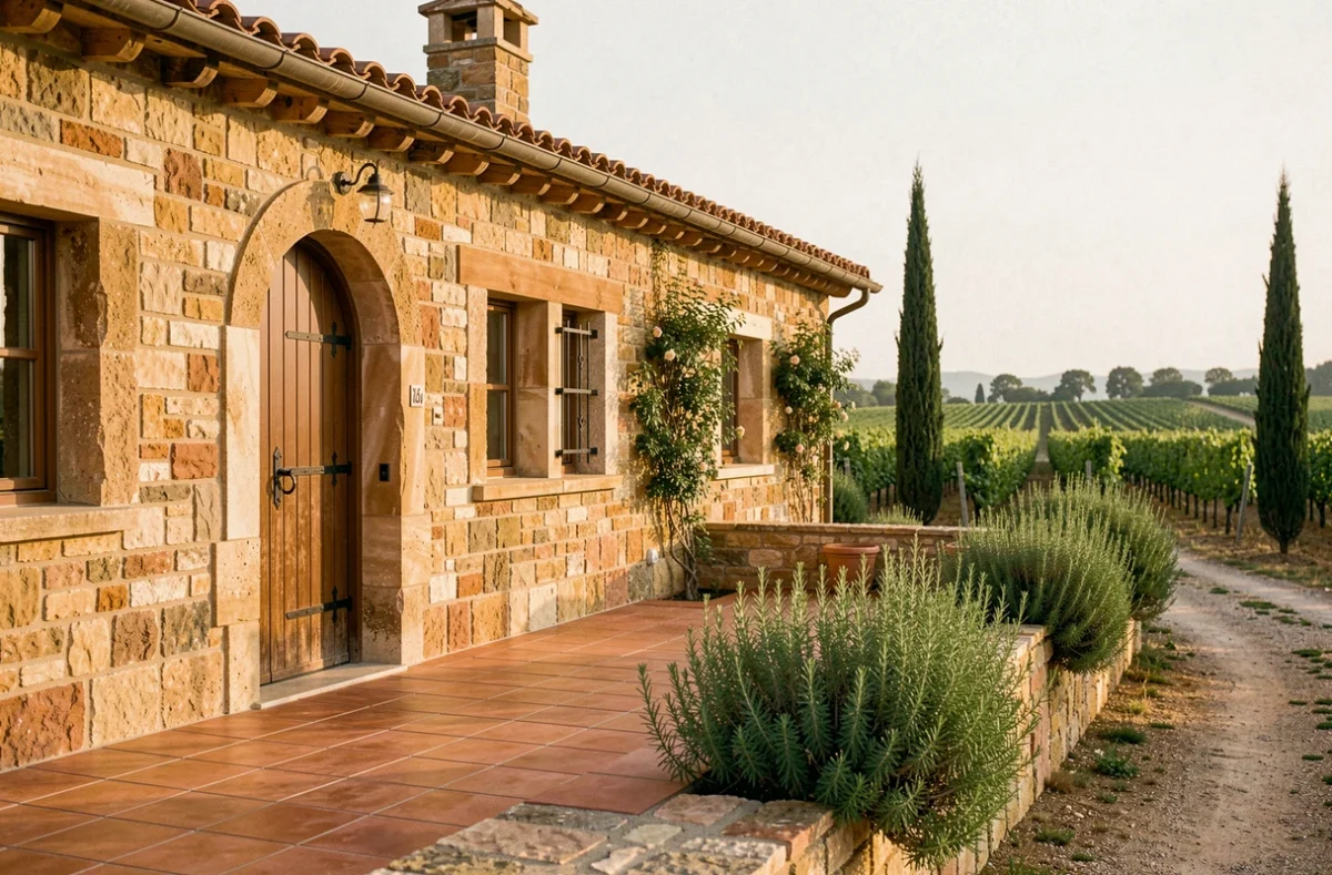 Maison de style méditerranéen construite par Art et Traditions Méditerranée dans le Gard, avec façade en pierre de pays et tuiles romanes