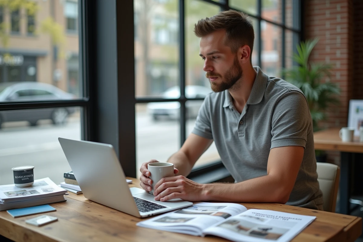 Artisan entrepreneur en travaux consultant des supports marketing imprimés et un blog de conseils rénovation sur son ordinateur portable dans un espace de coworking