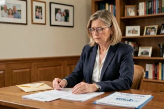 Femme étudiant des documents d'assurance habitation lors d'une succession familiale à son bureau