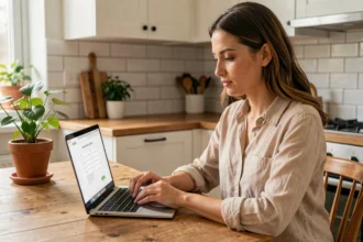 Femme remplissant un formulaire d'assurance logement en ligne sur son ordinateur portable dans une cuisine moderne