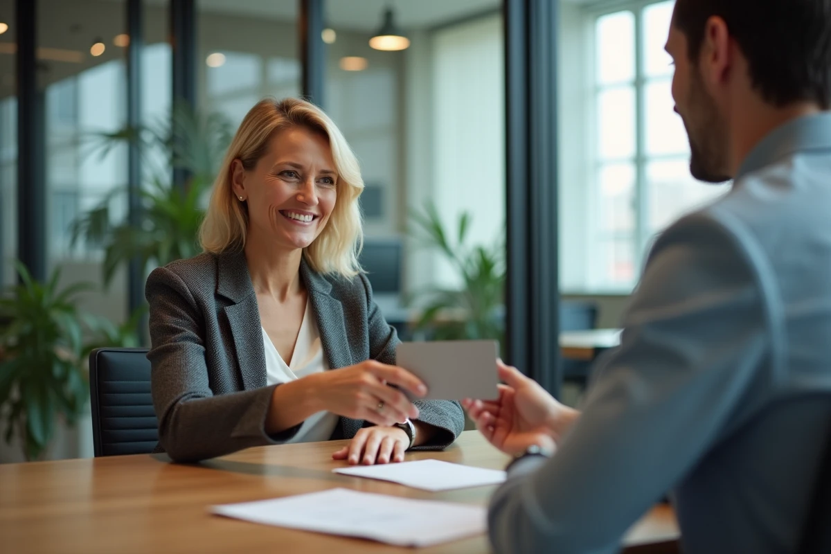 Conseillère bancaire et courtier échangeant une carte dans une banque moderne