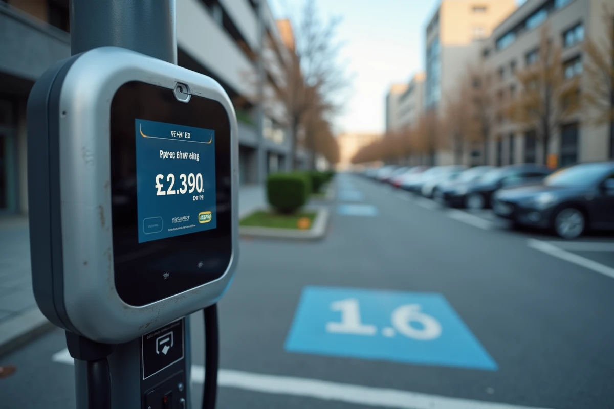 Borne de recharge pour véhicule électrique en plein air affichant un écran tarifaire de prix au kWh dans un parking urbain