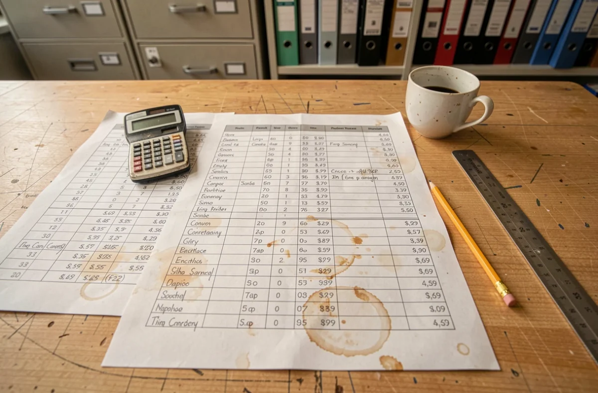Bureau d'un électricien avec calculs de marges, tableaux d'indices BT47 et calculatrice, représentant la gestion financière des contrats