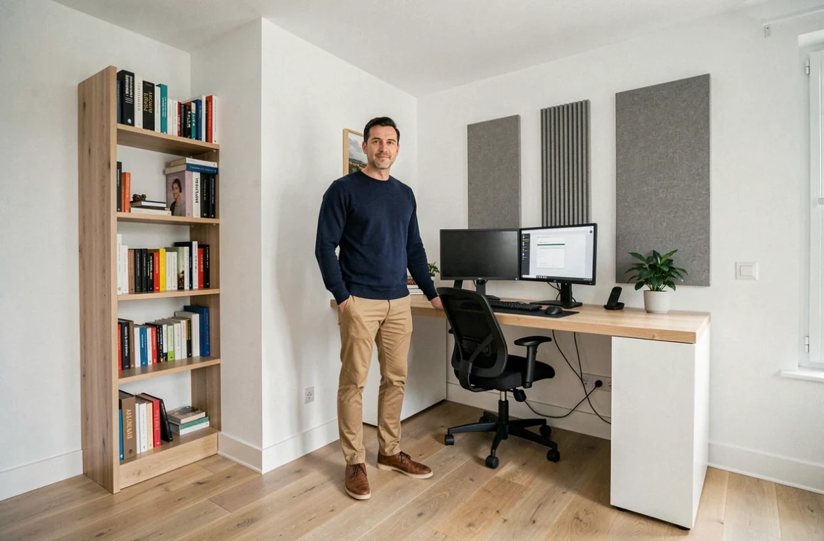 Homme en télétravail dans un bureau à domicile moderne dans une maison neuve en banlieue parisienne