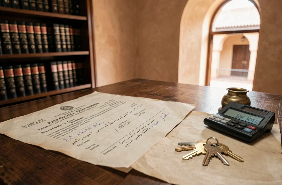 Bureau de notaire marocain avec acte de propriété, calculatrice et clés de maison illustrant les prix immobiliers à Marrakech