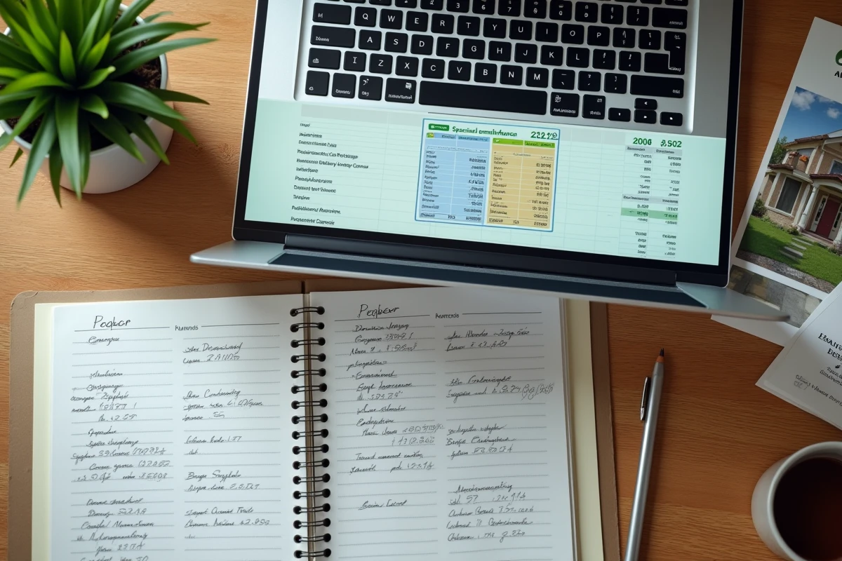 Vue aérienne d'un bureau avec un fichier Excel de simulation viager ouvert, un carnet de calculs et des documents immobiliers