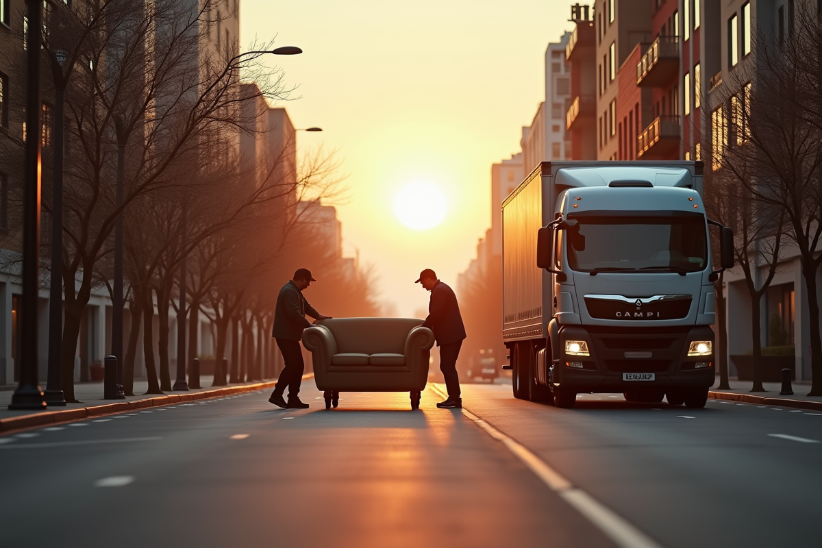 Camion de déménagement garé dans une rue calme au lever du soleil