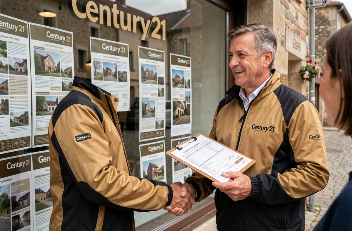 Agent Century 21 Gers serrant la main d'un client devant la vitrine de l'agence avec des annonces immobilières