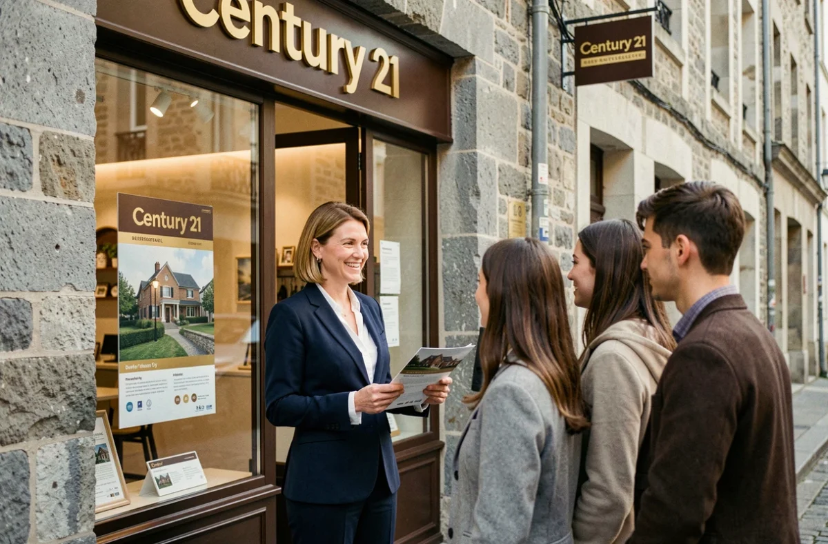 Agente immobilière Century 21 accueillant un couple devant la vitrine de l'agence dans une ville de Haute-Loire