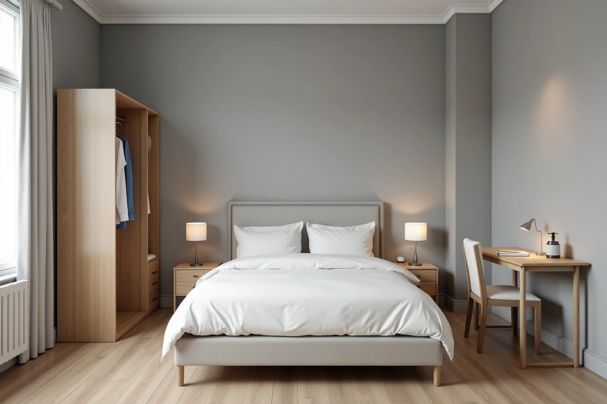 Chambre meublée d'une location prête pour l'état des lieux avec lit, armoire, table de nuit et bureau visibles pour la liste de mobilier