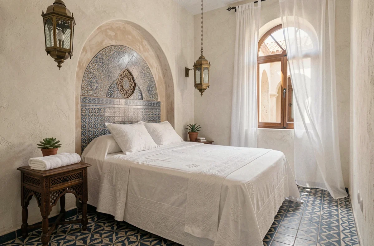 Chambre de riad à Marrakech aménagée pour la location courte durée avec décoration traditionnelle marocaine et carreaux de ciment