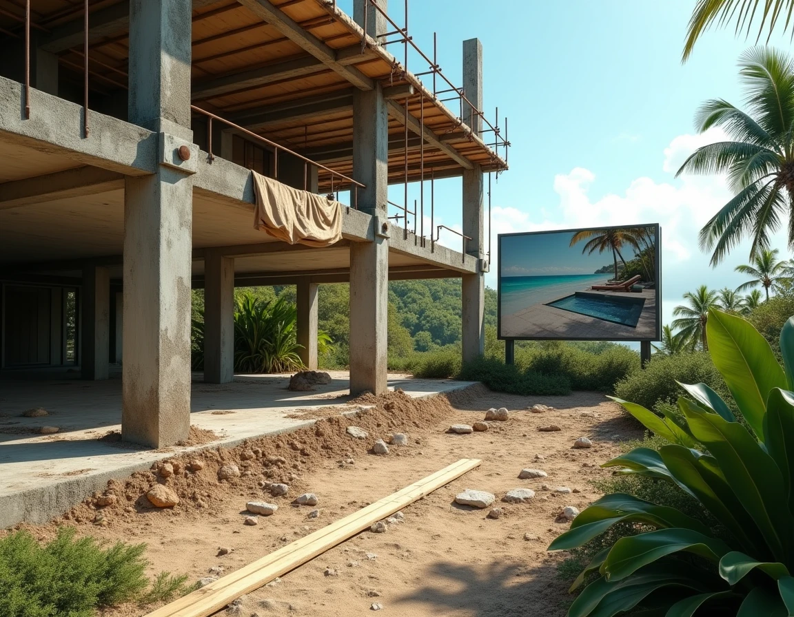 Chantier immobilier abandonné à l'île Maurice avec panneau publicitaire trompeur d'un promoteur