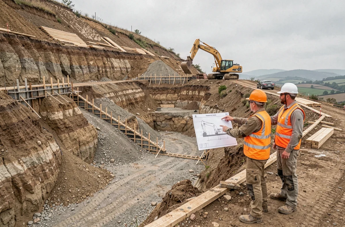 Chantier de construction sur terrain en forte pente avec opération de déblai-remblai et murs de soutènement