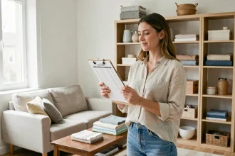 Femme tenant une liste de meubles sur presse-papiers dans un appartement meublé prêt à la location