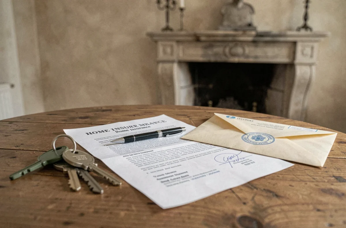 Clés de maison héritée posées sur un contrat d'assurance habitation lors d'une succession