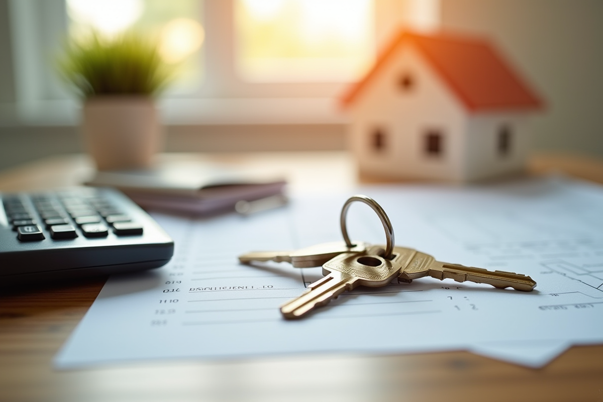 Jeu de clés de maison avec calculatrice et documents de prêt immobilier